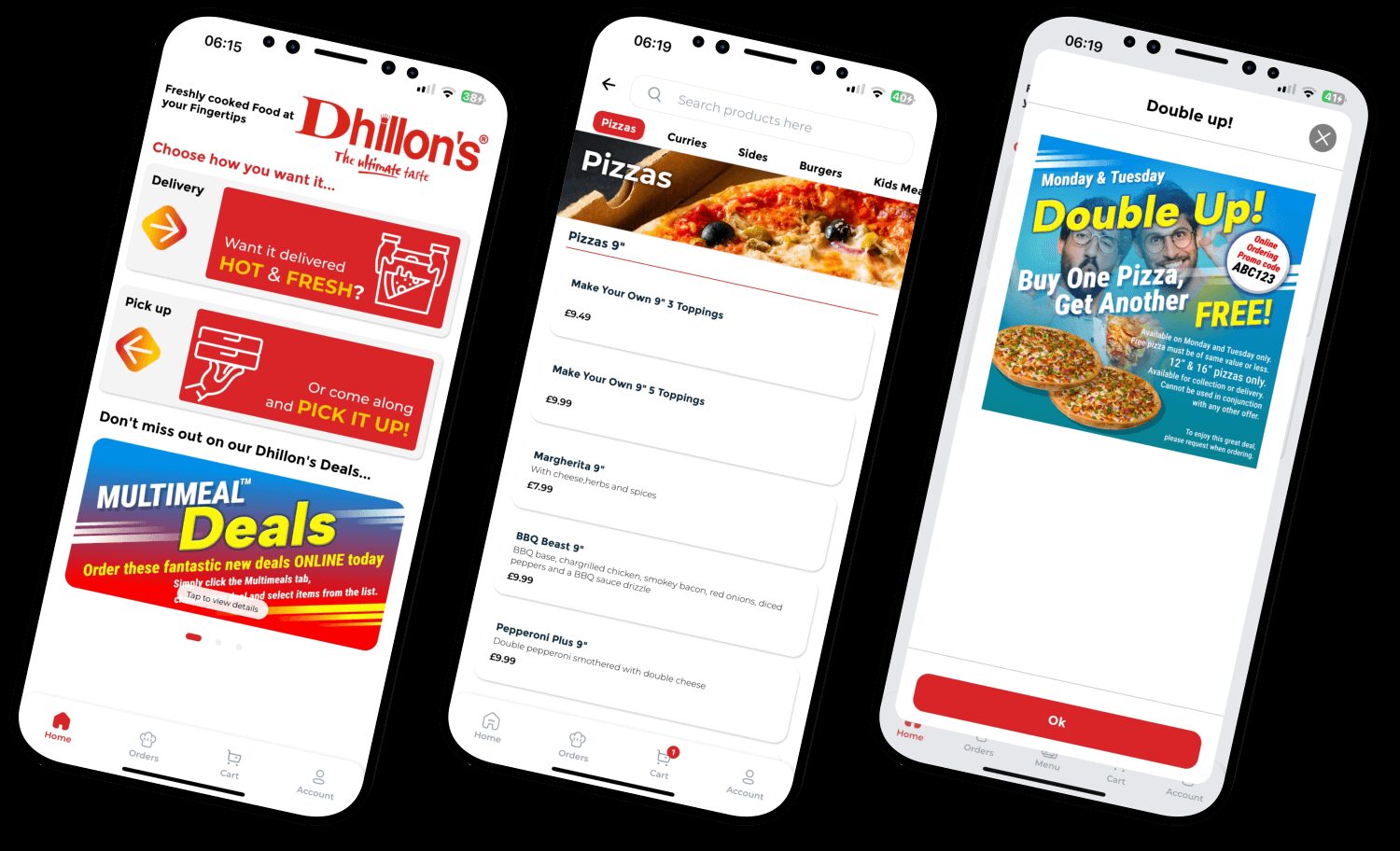 The Dhillon's app — home, menu and offers screens