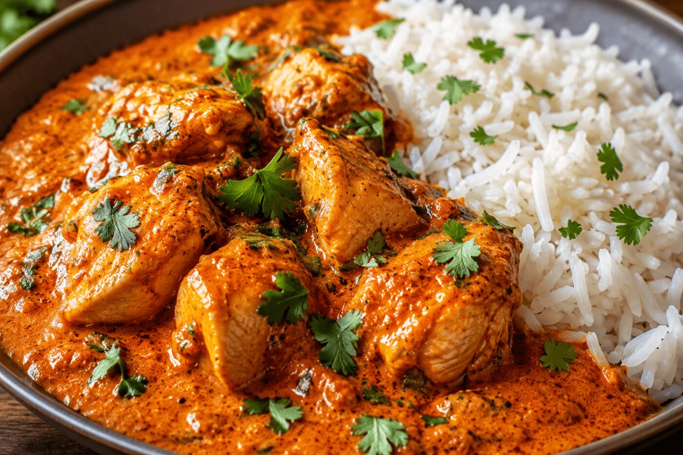 Curry with naan and rice