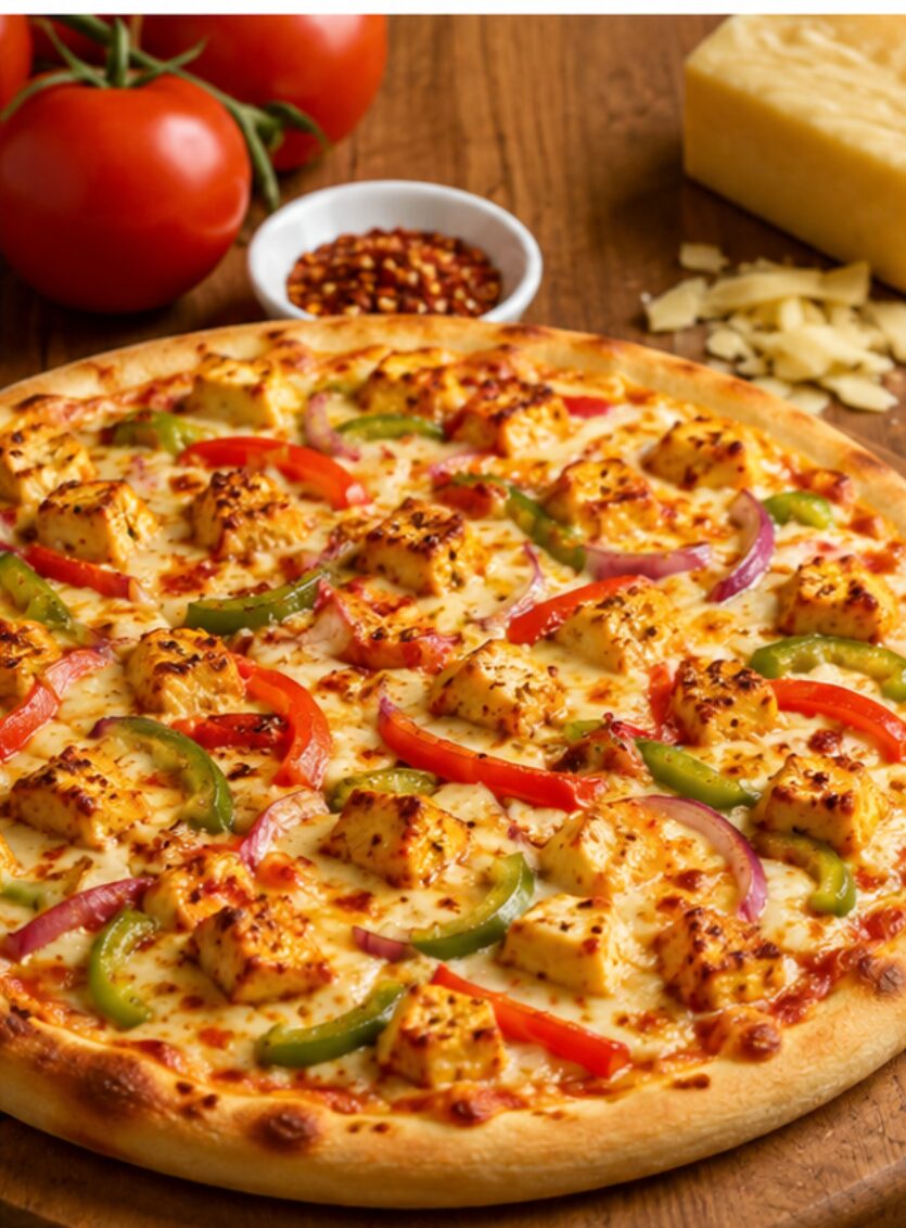 Stone-baked pizza on a board