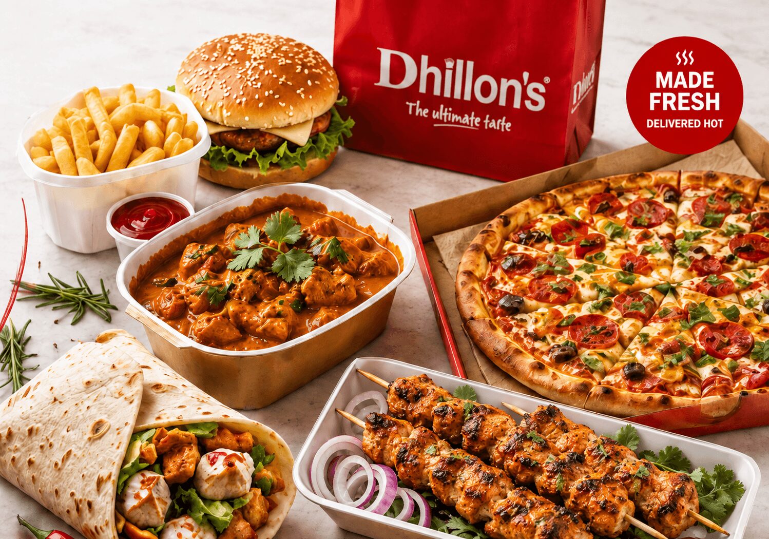 Dhillon's burger, fries, curry, wrap, kebabs and pizza